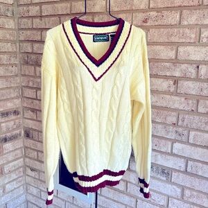 LNOS Vintage Cream Campus cable Knit sweater M  Burgandy Navy Trim